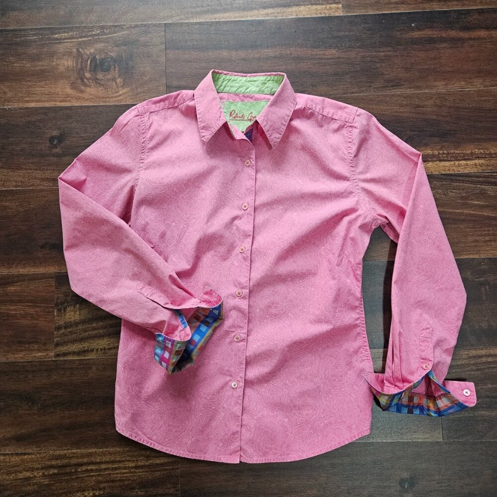 Robert Graham Button-Up Shirt Woman's Size 6 Pink Paisley Flip Checkered Cuff